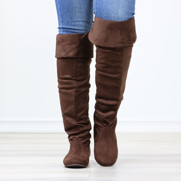 Fold Over Brown Thigh High Over The Knee Flat No Heel Boots Faux Suede Pointed - Picture 10 of 14